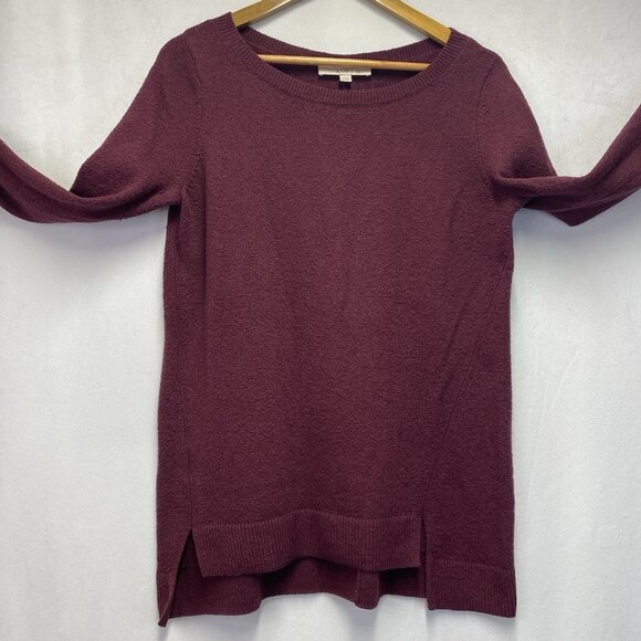 Loft Crew Neck Pullover Knit Sweater Women Medium Burgundy Side Slit Hem - Picture 8 of 12
